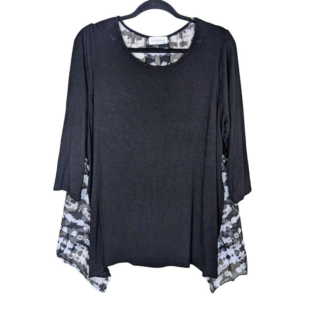 Cha Cha Vente Women's Plus Size 1X Black Sheer Back Panel 3/4 Sleeve Top